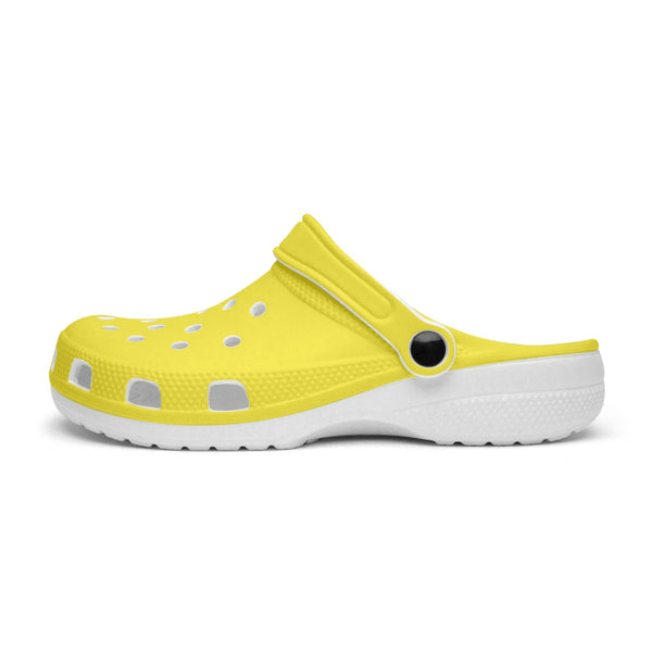 Bright Yellow Color Unisex Clogs, Best Solid Lemon Yellow Color Classic Solid Color Printed Adult's Lightweight Anti-Slip Unisex Extra Comfy Soft Breathable Supportive Clogs Flip Flop Pool Water Beach Slippers Sandals Shoes For Men or Women, Men's US Size: 3.5-12, Women's US Size: 4-12