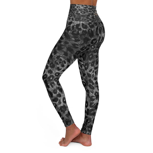 Grey Leopard Women's Leggings, Premium Animal Print High Waisted Yoga Pants-Made in USA-All Over Prints-Printify-Heidi Kimura Art LLC