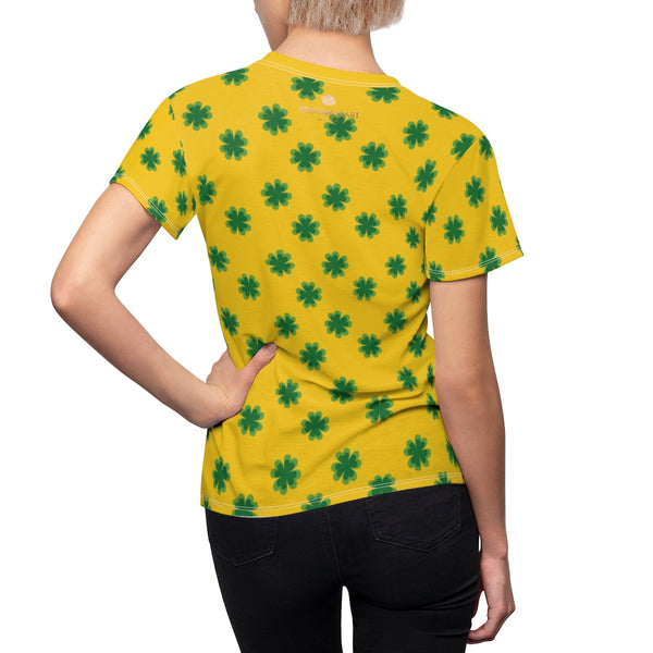 Yellow Green Clover Print St. Patrick's Day Women's Premium Crewneck Tee- Made in USA-Women's T-Shirt-Heidi Kimura Art LLC