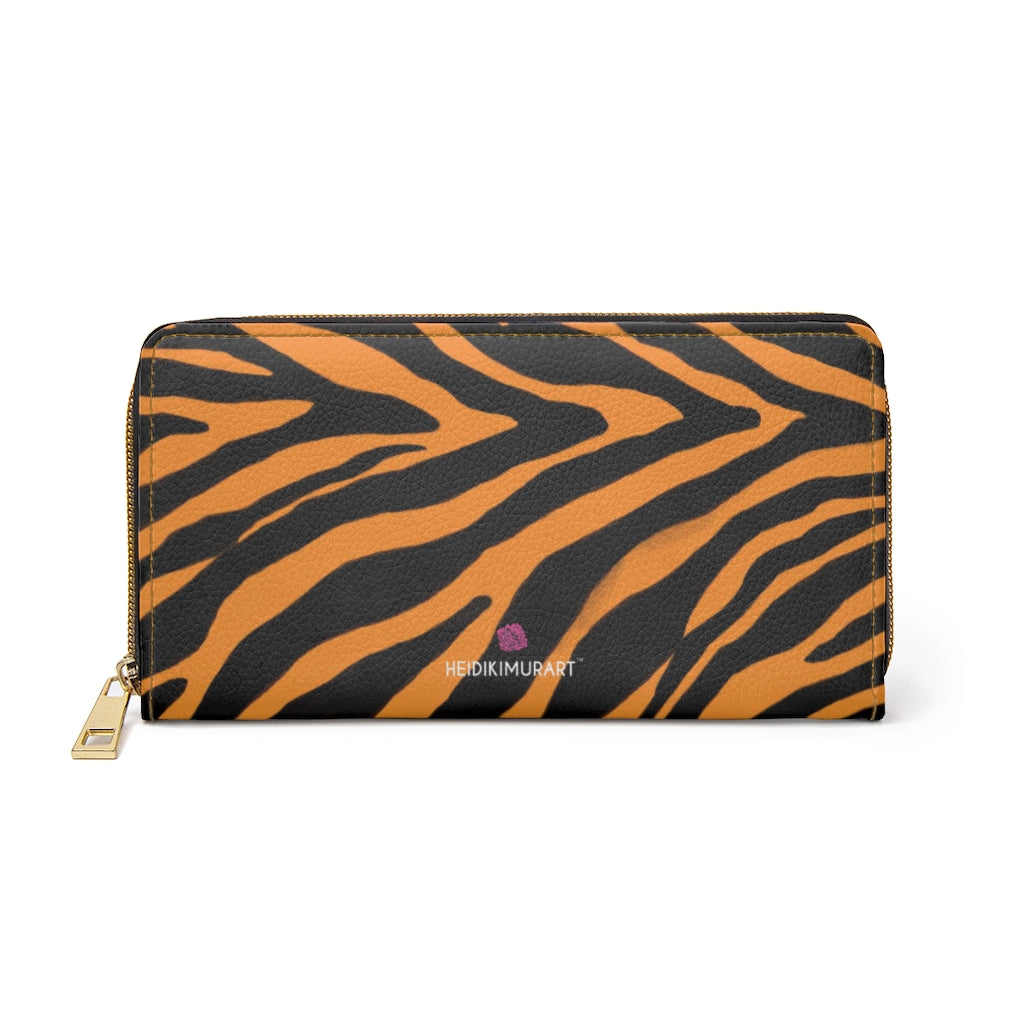 Orange Zebra Print Wallet, Best Zebra Striped Animal Print Best 7.87" x 4.33" Luxury Cruelty-Free Faux Leather Women's Wallet & Purses Compact High Quality Nylon Zip & Metal Hardware, Luxury Long Wallet Card Cases For Women