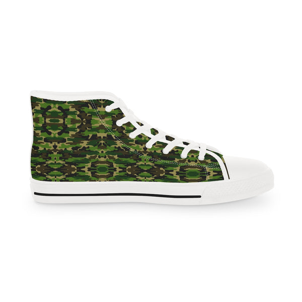 Green Camo Men's Tennis Shoes, Best Camouflaged Army Military Print Men's High Top Laced Up Black or White Style Breathable Fashion Canvas Sneakers Tennis Athletic Style Shoes For Men (US Size: 5-14)