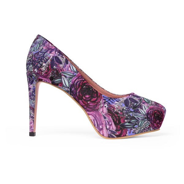 French Red Purple Rose Floral Print Women's Platform Heels Pumps Shoes-4 inch Heels-US 7-Heidi Kimura Art LLC