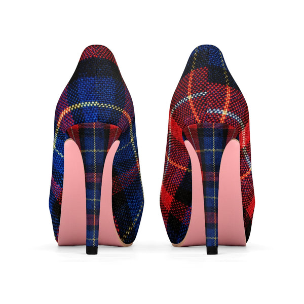 Red Blue Plaid Tartan Print Women's 4" Platform Heels Pumps Shoes (US Size 5-11)-4 inch Heels-Heidi Kimura Art LLC