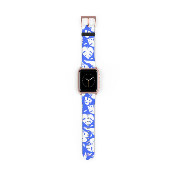 Blue White Tropical Leaf Print 38mm/42mm Watch Band For Apple Watch- Made in USA-Watch Band-38 mm-Rose Gold Matte-Heidi Kimura Art LLC