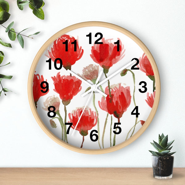 Red Poppy Floral Wall Clock,  Best Numeric Floral 10 inch Diameter Flower Wall Clock-Made in USA, Large Round Wood Girl Children Bedroom Wall Clock