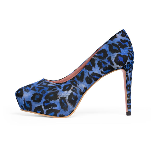 Blue Snow Leopard Animal Print Women's Platform Heels Pumps Shoes (US Size: 5-11)-4 inch Heels-Heidi Kimura Art LLC Blue Leopard Women's Heels, Blue Snow Leopard Animal Print Women's Platform Heels Pumps Shoes (US Size: 5-11)