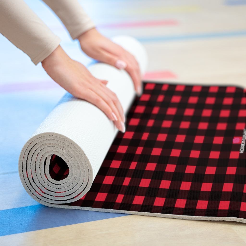 Buffalo Red Foam Yoga Mat, Buffalo Red Plaid Preppy Classic Print Best Fashion Stylish Lightweight 0.25" thick Best Designer Gym or Exercise Sports Athletic Yoga Mat Workout Equipment - Printed in USA (Size: 24″x72")
