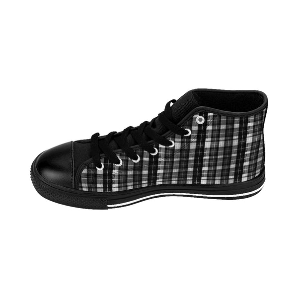 Black White Plaid Tartan Print Men's High-top Sneakers Tennis Shoes, Mens Plaid Shoes-Men's High Top Sneakers-Heidi Kimura Art LLC