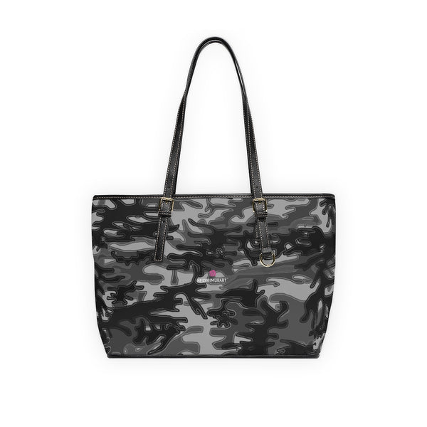 Grey Camo Print Tote Bag, Best Stylish Camouflage Military Army Printed PU Leather Shoulder Large Spacious Durable Hand Work Bag 17"x11"/ 16"x10" With Gold-Color Zippers & Buckles & Mobile Phone Slots & Inner Pockets, All Day Large Tote Luxury Best Sleek and Sophisticated Cute Work Shoulder Bag For Women With Outside And Inner Zippers