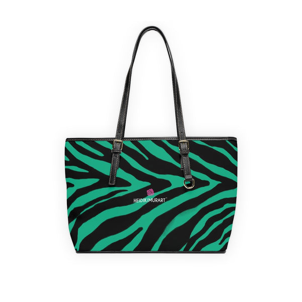 Green Zebra Tote Bag, Zebra Striped Green and Black Animal Print PU Leather Shoulder Large Spacious Durable Hand Work Bag 17"x11"/ 16"x10" With Gold-Color Zippers & Buckles & Mobile Phone Slots & Inner Pockets, All Day Large Tote Luxury Best Sleek and Sophisticated Cute Work Shoulder Bag For Women With Outside And Inner Zippers