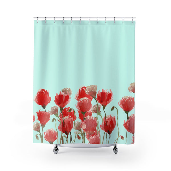 Light Blue Red Poppy Flower Floral Print Polyester Shower Curtain- Printed in USA-Shower Curtain-71" x 74"-Heidi Kimura Art LLC Light Blue Red Poppy Shower Curtains, Light Blue and Red Poppy Flower Floral Print Designer Polyester Shower Curtain- Printed in USA, Premium Bathroom Shower Curtains Home Decor Large 100% Polyester 71x74 inches  