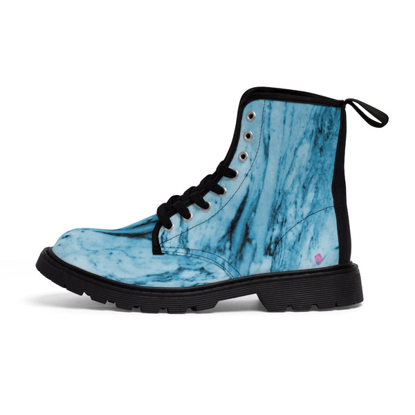 Blue Marbled Women's Canvas Boots, Best Marble Print Best Laced Up Winter Boots For Women (US Size 6.5-11)