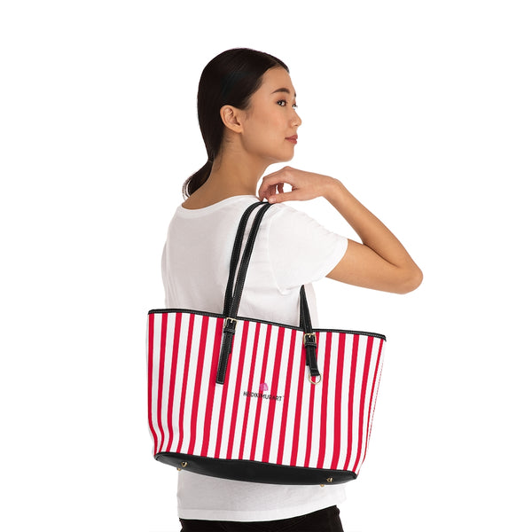 Best Red Stripes Tote Bag, Best Stylish Hot Red and White Striped PU Leather Shoulder Large Spacious Durable Hand Work Bag 17"x11"/ 16"x10" With Gold-Color Zippers & Buckles & Mobile Phone Slots & Inner Pockets, All Day Large Tote Luxury Best Sleek and Sophisticated Cute Work Shoulder Bag For Women With Outside And Inner Zippers