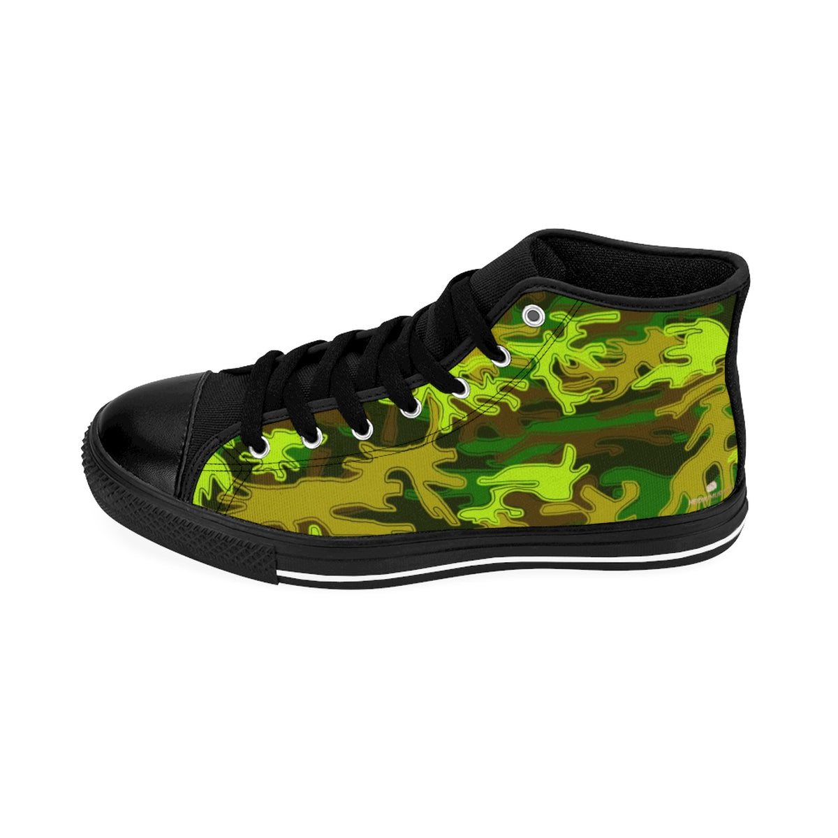Bright Green Camouflage Army Military Print Men's High-top Sneakers (US Size: 6-14)-Men's High Top Sneakers-Black-US 9-Heidi Kimura Art LLC Green Camo Men's Sneakers, Bright Green Camouflage Army Military Print  Men's High-top Sneakers Tennis Shoes Fashionable Designer Men's High Top Sneakers, Men's Camo Sneaker Shoes (US Size: 6-14)