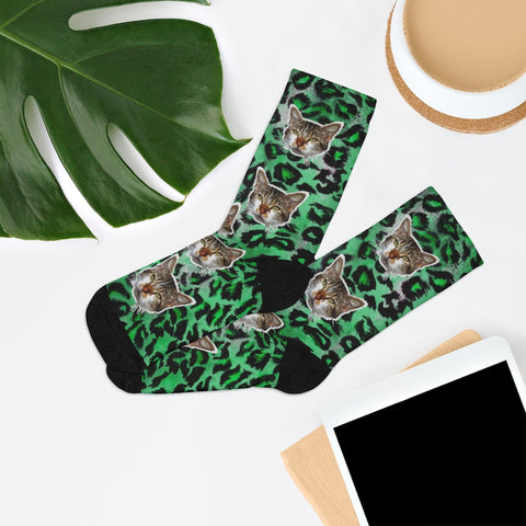 Green Leopard Cat Print Socks, Calico Cat Print One-Size Knit Luxury Socks- Made in USA-Socks-One size-Heidi Kimura Art LLC