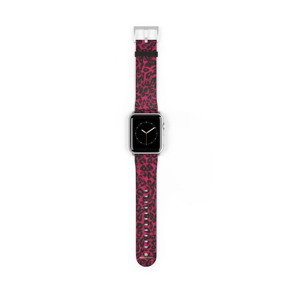 Pink Leopard Animal Print 38mm/42mm Watch Band For Apple Watch- Made in USA-Watch Band-42 mm-Silver Matte-Heidi Kimura Art LLC