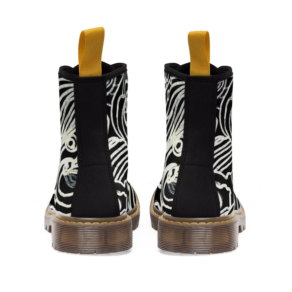 Black Japanese Curvy Waves Pattern Designer Women's Winter Lace-up Toe Cap Boots-Women's Boots-Heidi Kimura Art LLC