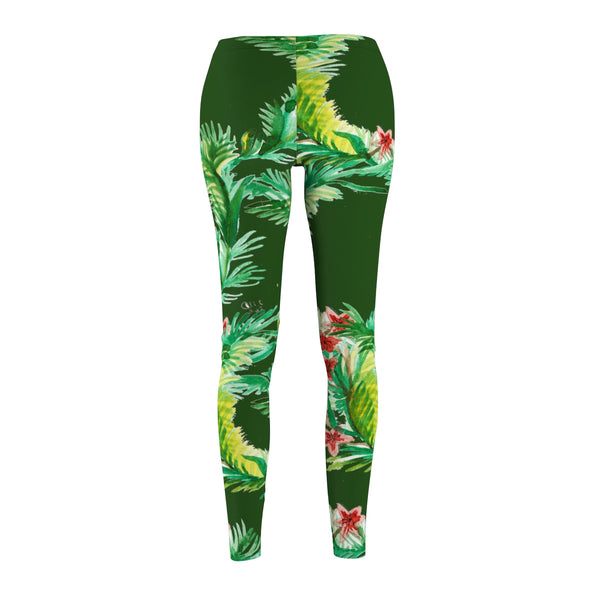 Dark Emerald Green Floral Wreath Women's Cut & Sew Casual Leggings - Made in USA-Casual Leggings-Heidi Kimura Art LLC