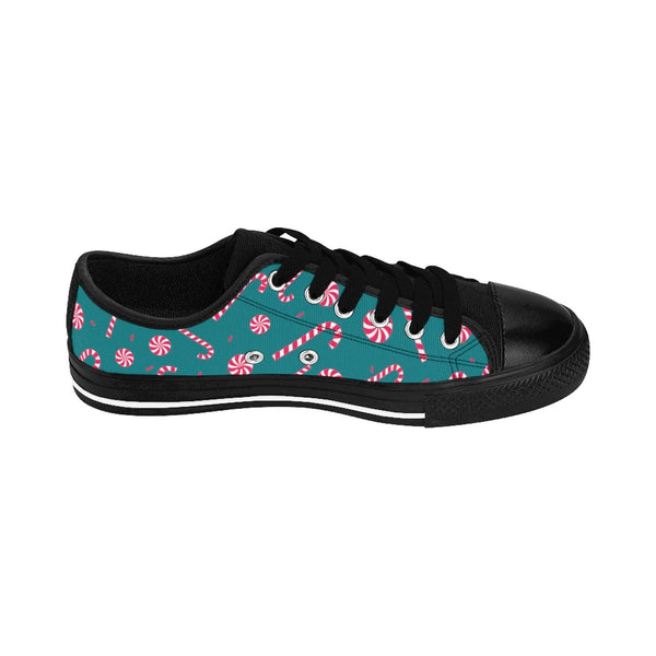 Teal Blue Red White Candy Cane Christmas Print Men's Low Top Sneakers (US Size: 6-14)-Men's Low Top Sneakers-Heidi Kimura Art LLC