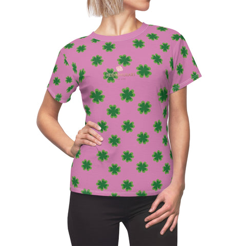 Pink Green Clover Print St. Patrick's Day Women's Premium Crewneck Tee- Made in USA-Women's T-Shirt-L-White Seams-4 oz.-Heidi Kimura Art LLC