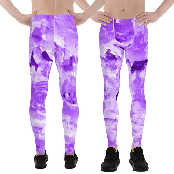 Purple Floral Men's Leggings, Abstract Print Sexy Premium Classic Elastic Comfy Men's Leggings Fitted Tights Pants - Made in USA/EU (US Size: XS-3XL) Spandex Meggings Men's Workout Gym Tights Leggings, Compression Tights, Kinky Fetish Men Pants