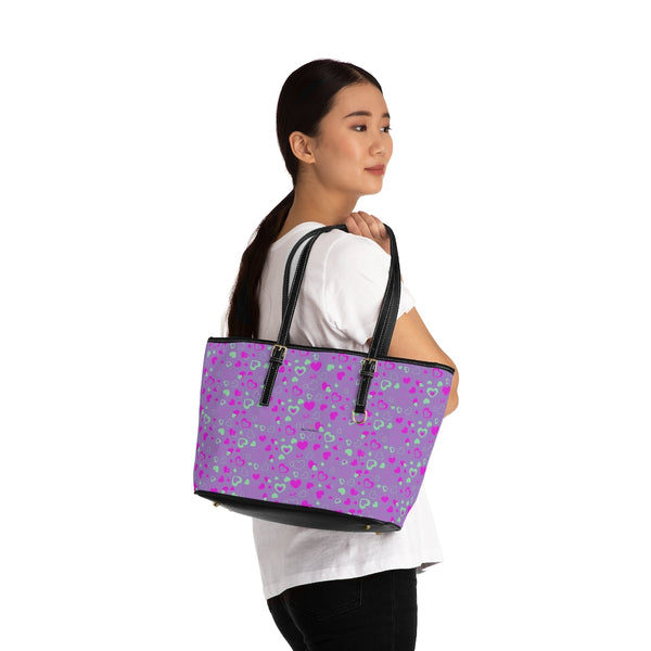 Purple Pink Hearts Tote Bag, PU Leather Shoulder Hand Work Bag