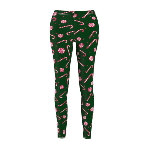 Green Red and White Candy Cane Women's Christmas Holiday Themed Casual Leggings-Casual Leggings-Heidi Kimura Art LLC