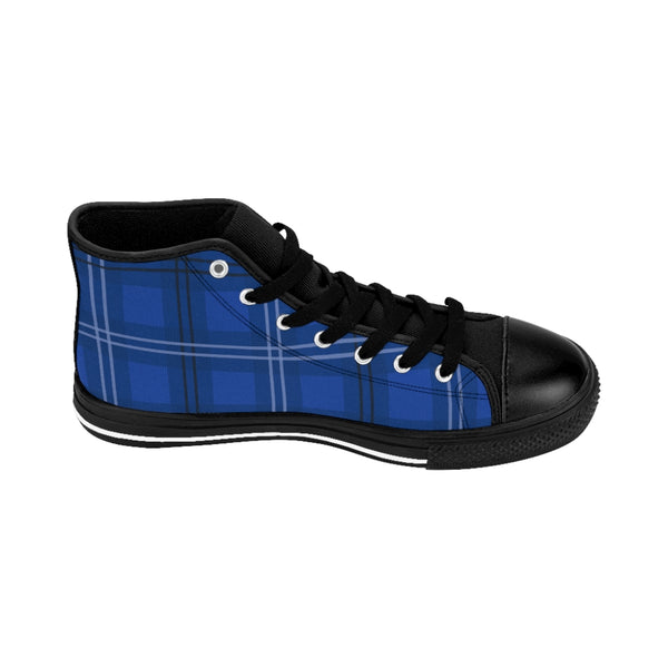 Blue Plaid Women's High-top Sneakers, Tartan Print Ladies' Fashionable Tennis Shoes (US Size: 6-12)