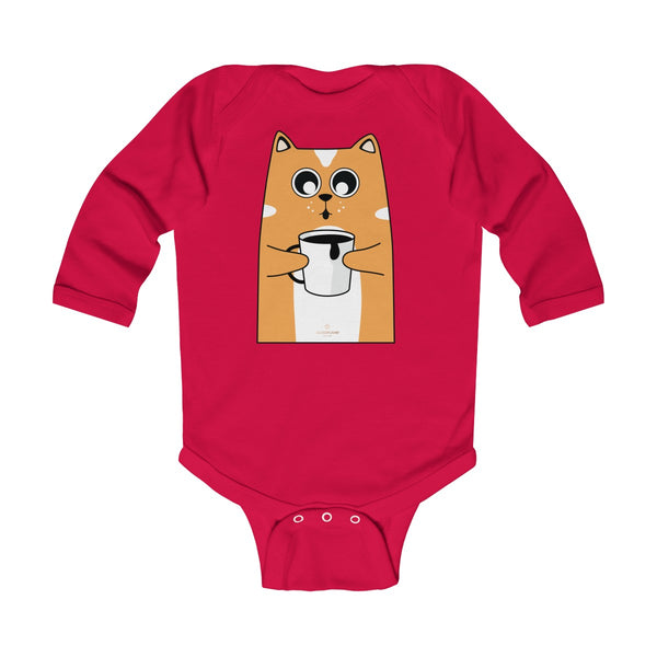 Cute Coffee Cat Print Baby Boy/ Girls Infant Kids Long Sleeve Bodysuit - Made in USA-Infant Long Sleeve Bodysuit-Red-NB-Heidi Kimura Art LLC