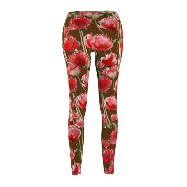 Brown Poppy Floral Casual Tights, Women's Floral Casual Leggings