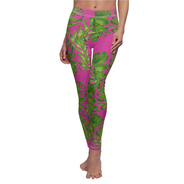 Hot Pink Green Tropical Leaf Print Women's Dressy Long Casual Leggings- Made in USA-Casual Leggings-White Seams-M-Heidi Kimura Art LLC
