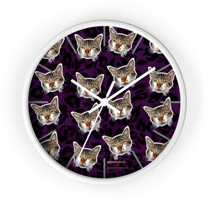 Purple Leopard Print Wall Clock, Peanut Meow Cat Cute Cat Large Clock- Made in USA-Wall Clock-10 in-White-White-Heidi Kimura Art LLC