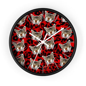Red Leopard Cat Wall Clock, Peanut Meow Cat Print 10" Dia. Large Clocks- Made in USA-Wall Clock-10 in-Black-White-Heidi Kimura Art LLC
