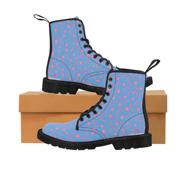 Blue Candy Cane Women's Boots, Best Red Candy Cane Christmas Winter Boots For Women