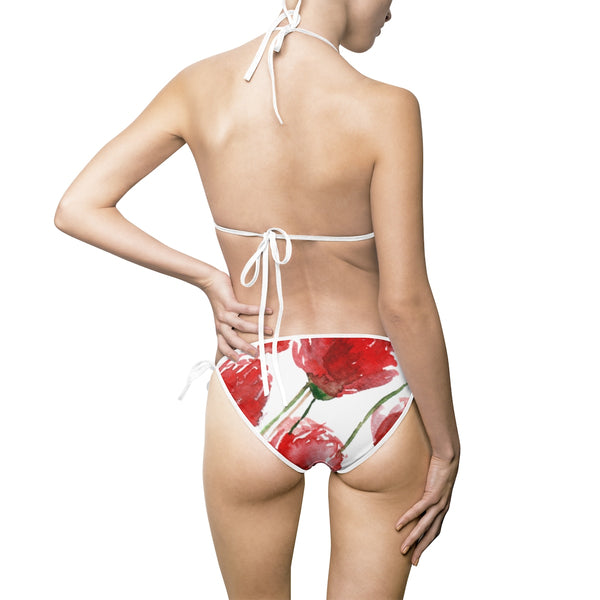 Bright Red Poppy Flower Floral Print Women's Bikini Swimsuit, Plus Size Available (US Size: S-5XL)-Bikini-Heidi Kimura Art LLC