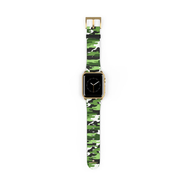 Green & White Camo Print 38mm/42mm Watch Band For Apple Watch- Made in USA-Watch Band-38 mm-Gold Matte-Heidi Kimura Art LLC