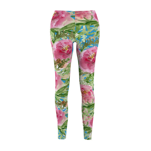 Blue Pink Floral Print Women's Casual Leggings-Made in USA(US Size: XS-2XL)-Casual Leggings-M-Heidi Kimura Art LLC