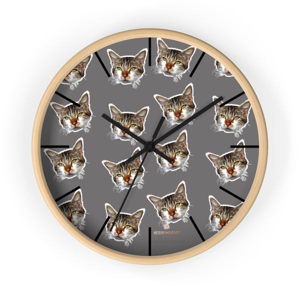 Gray Cat Print Wall Clock, Cute Calico Cat Unique 10" Dia. Indoor Wall Clocks- Made in USA-Wall Clock-10 in-Wooden-Black-Heidi Kimura Art LLC