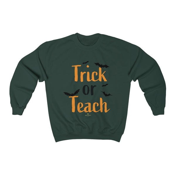 Fun Trick or Teach Bats Print Unisex Crewneck Sweatshirt For Teachers -Made in USA-Sweatshirt-Forest Green-S-Heidi Kimura Art LLC