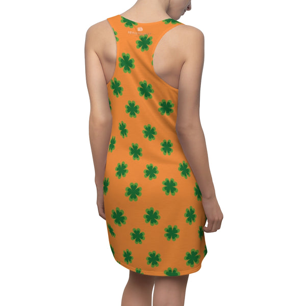 Orange Green Clover Leaf Print St. Patty's Day Long Women's Racerback Dress-Made in USA-Women's Sleeveless Dress-2XL-Heidi Kimura Art LLC