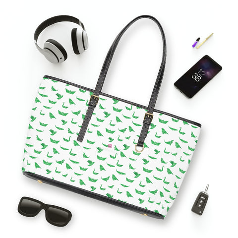 Green Crane White Tote Bag, Best Stylish Fashionable Printed PU Leather Shoulder Large Spacious Durable Hand Work Bag 17"x11"/ 16"x10" With Gold-Color Zippers & Buckles & Mobile Phone Slots & Inner Pockets, All Day Large Tote Luxury Best Sleek and Sophisticated Cute Work Shoulder Bag For Women With Outside And Inner Zippers