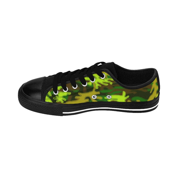 Bright Green Camo Military Army Print Premium Men's Low Top Canvas Sneakers Shoes-Men's Low Top Sneakers-Heidi Kimura Art LLC Green Camo Men's Low Tops, Bright Green Camouflage Military Army Print Designer Men's Running Low Top Sneakers Shoes, Men's Designer Camo Print Tennis Shoes (US Size 7-14)