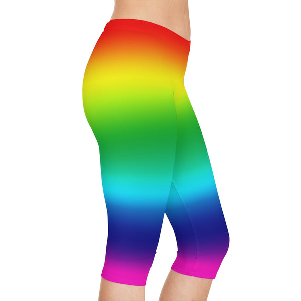 Rainbow Women's Capri Leggings, Modern Gay Pride Rainbow Print American-Made Best Designer Premium Quality Knee-Length Mid-Waist Fit Knee-Length Polyester Capris Tights-Made in USA (US Size: XS-3XL) Plus Size Available