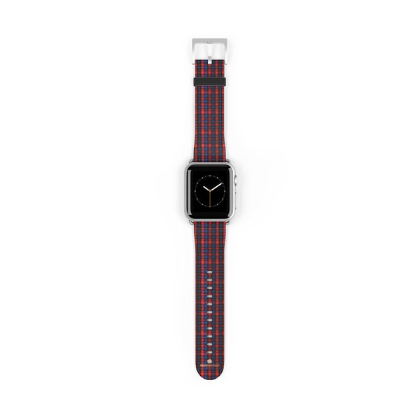 Red Blue Plaid Tartan Print 38mm/42mm Watch Band For Apple Watch- Made in USA-Watch Band-38 mm-Silver Matte-Heidi Kimura Art LLC