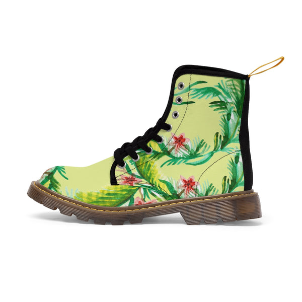 Designer Vintage-Style Light Yellow Floral Print Women's Nylon Canvas Winter Boots-Women's Boots-Heidi Kimura Art LLC