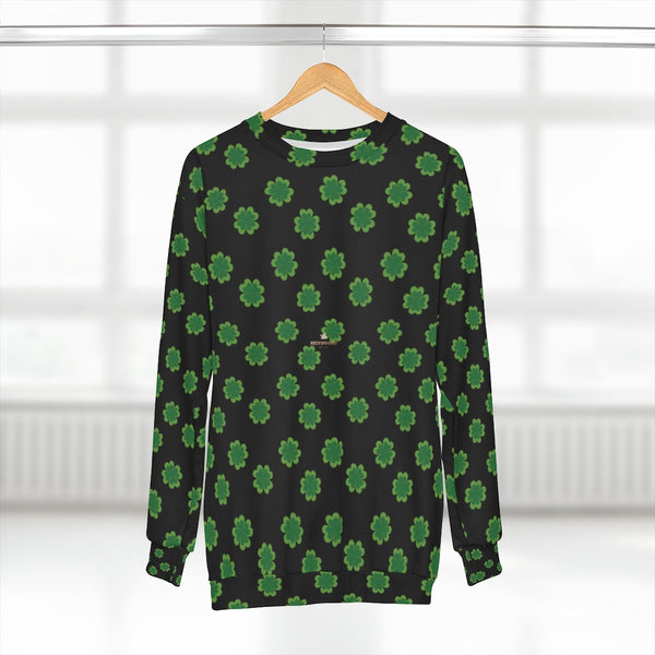 Black St. Patrick's Day Green Clover Print Unisex Cotton Polyester Sweatshirt- Made in USA-Unisex Sweatshirt-Heidi Kimura Art LLC
