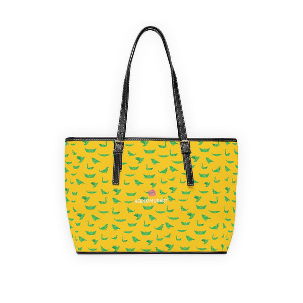 Green Crane Print Tote Bag, Best Stylish Fashionable Printed PU Leather Shoulder Large Spacious Durable Hand Work Bag 17"x11"/ 16"x10" With Gold-Color Zippers & Buckles & Mobile Phone Slots & Inner Pockets, All Day Large Tote Luxury Best Sleek and Sophisticated Cute Work Shoulder Bag For Women With Outside And Inner Zippers
