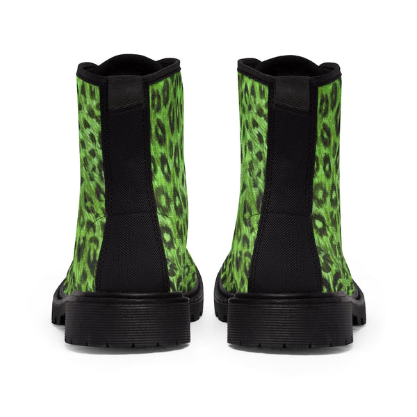 Green Leopard Men Hiker Boots, Designer Animal Print Men's Canvas Laced Up Best Boots