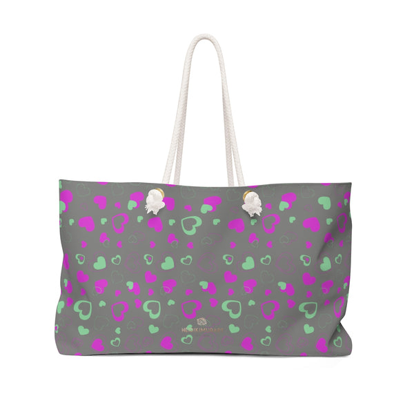 Gray Pink Hearts Valentine's Day Designer Weekender Oversized Bag - Made in USA-Weekender Bag-24x13-Heidi Kimura Art LLC