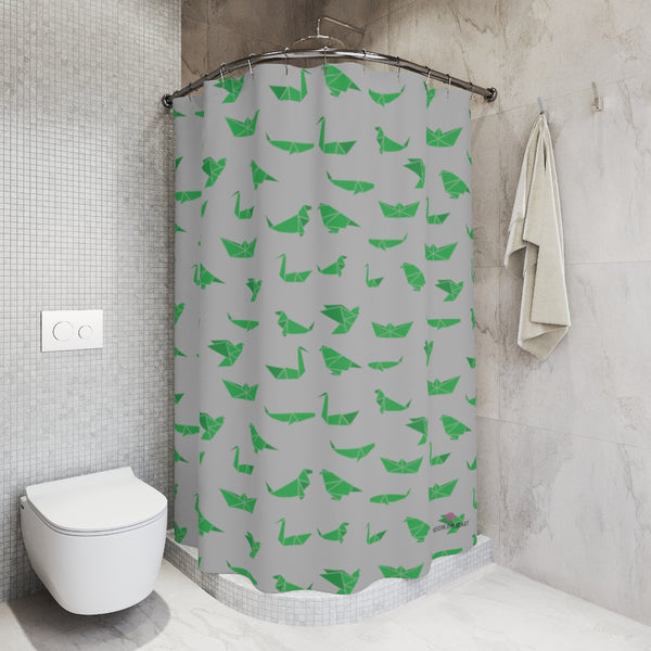 Gray Crane Polyester Shower Curtain, Japanese Origami Style Crane Birds Print 71" × 74" Modern Kids or Adults Colorful Best Premium Quality American Style One-Sided Luxury Durable Stylish Unique Interior Bathroom Shower Curtains - Printed in USA